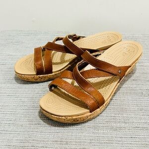 Crocs Women’s A-Leigh Brown Leather Cork Wedge Heeled Sandals Slides Size 9